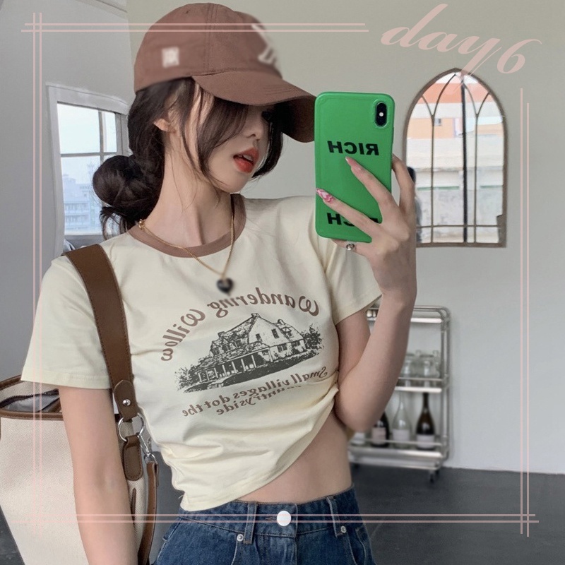 Áo Thun Nữ Ngắn Tay Cổ Tròn In Chữ Đơn Giản