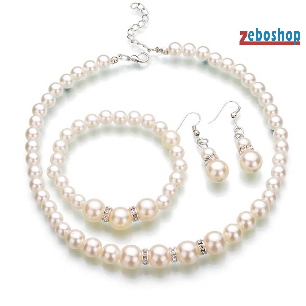 Bộ Trang Sức 3 Món Gồm Vòng cổ / Bông Tai / Vòng Tay Đính Ngọc Trai Nhân Tạo Thời