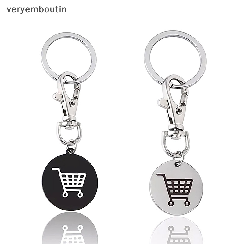 Móc Khóa Tròn Màu Đen Bằng Thép Không Gỉ in Logo Xe Đẩy Mua Sắm Sáng Tạo