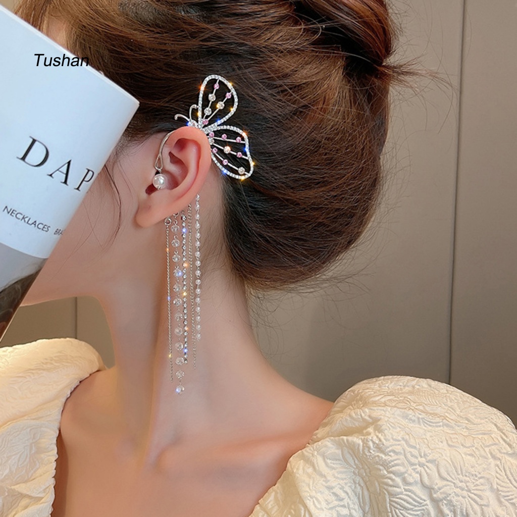 1 Đôi Bông Tai Kẹp Hình Bướm Có Đính Đá Lấp Lánh Dành Cho Nữ