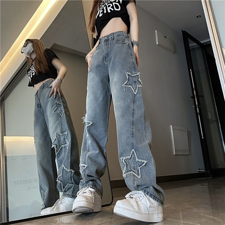 Quần Jean Nữ Cạp Cao Ống Rộng Họa Tiết Ngôi Sao Phong Cách Mới Dễ Phối Đồ EW8M