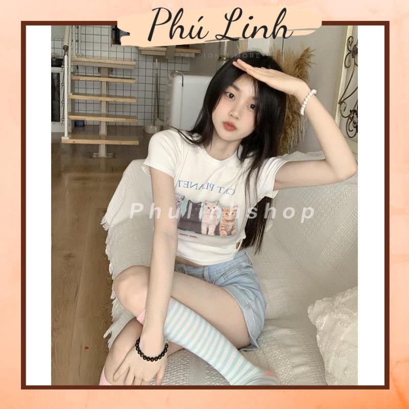 MS9935 Áo thun nữ cổ tròn croptop 4 Cats chất liệu 100% cotton thoáng mát