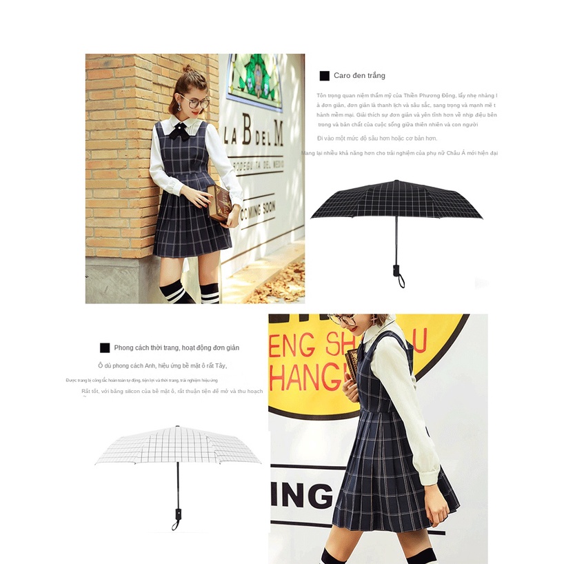 Dù Gấp Tự Động Chống Mưa Nắng Họa Tiết Sọc Caro Trắng Đen Đơn Giản