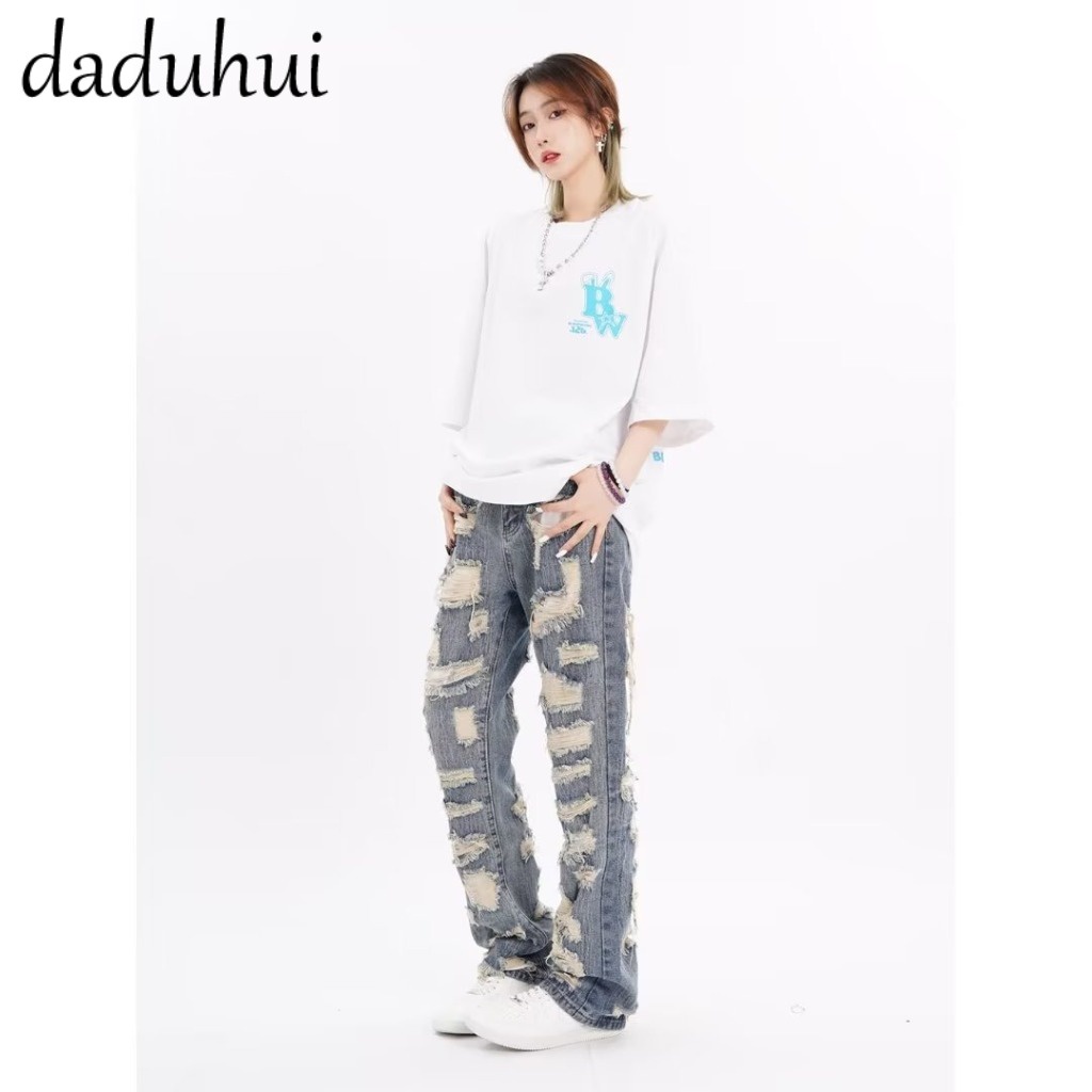 Daduhui New American Ins Retro Ripped Jeans Women's High Waist Loose Wide Leg Pants Large Size Trousers