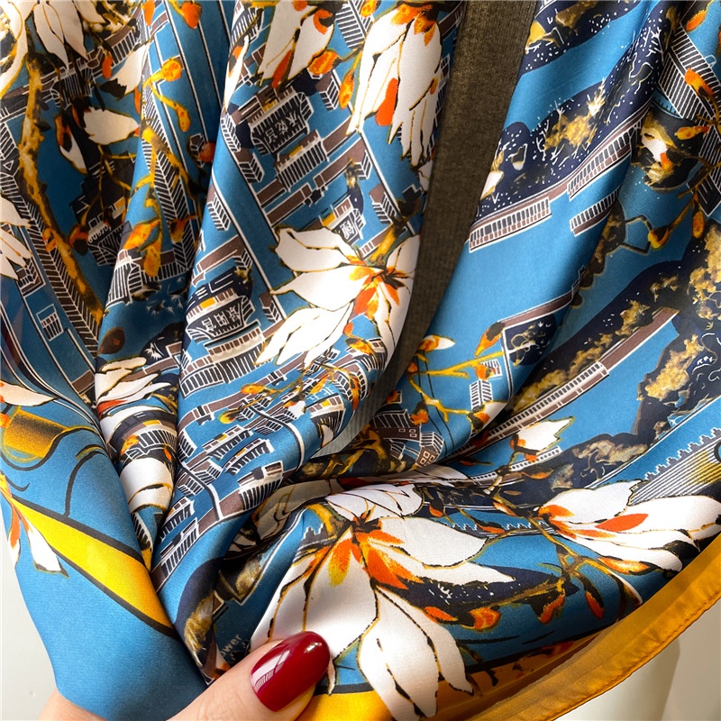 Khăn Choàng Vuông 110cm Vải Satin Họa Tiết Hoa Thời Trang Mùa Hè