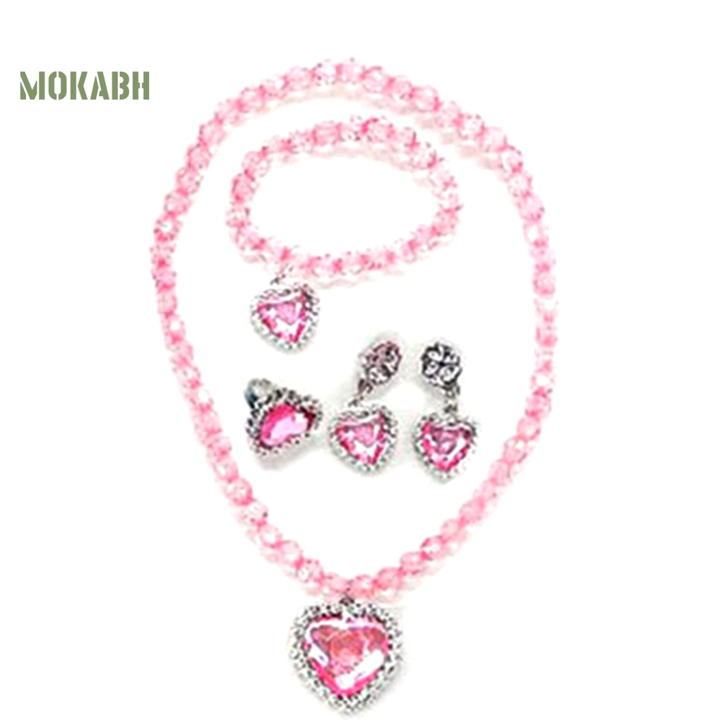 [Mới] 1 Bộ Vòng cổ, Bông Tai, Nhẫn, Vòng Tay Hình Trái Tim Đính Đá Nhiều Màu Cho Bé Gái