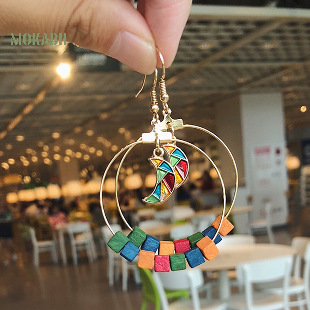 Bông Tai Hình Tròn / Mặt Trăng Bằng Gỗ Thời Trang Dự Tiệc Cho Nữ