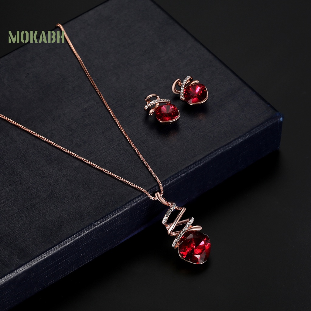 1 Bộ Vòng cổ + Bông Tai Hình Học Xoắn Đính Đá Màu Đỏ Thời Trang Dành Cho Nữ