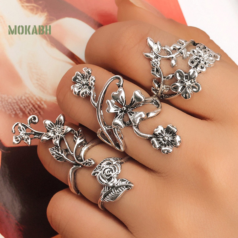 Bộ 4 Nhẫn Midi Đeo Khớp Ngón Tay Hình Hoa Lá Kiểu Vintage Thời Trang Cho Nữ