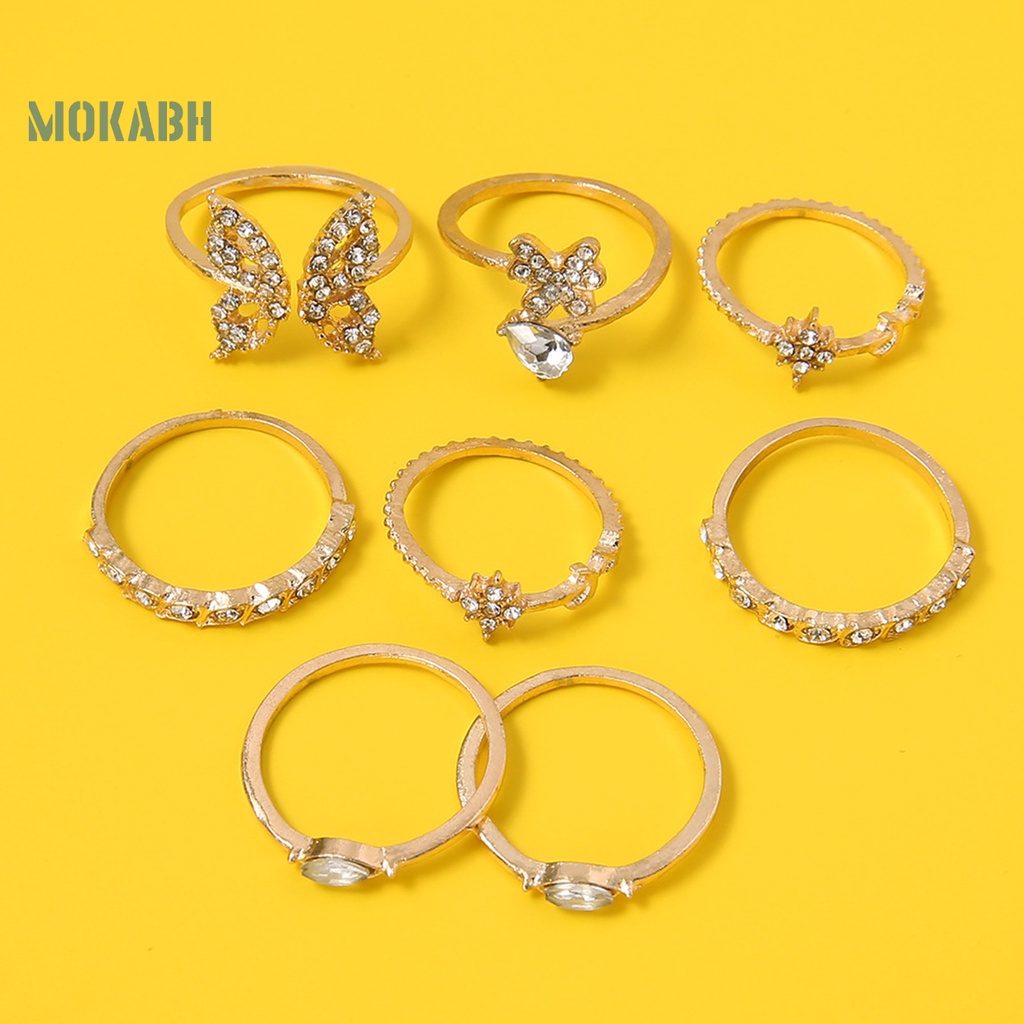 Set 8 Nhẫn Đeo Khớp Ngón Tay Họa Tiết Bướm / Hoa Đính Đá Tinh Tế Cho Nữ