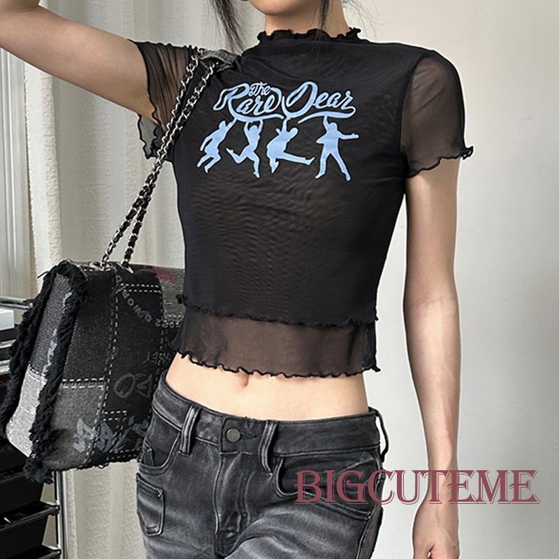 [] Áo Thun Lưới Tay Ngắn In Chữ Lettuce Trim Cơ Bản Mùa Hè Màu Đen Cho Nữ