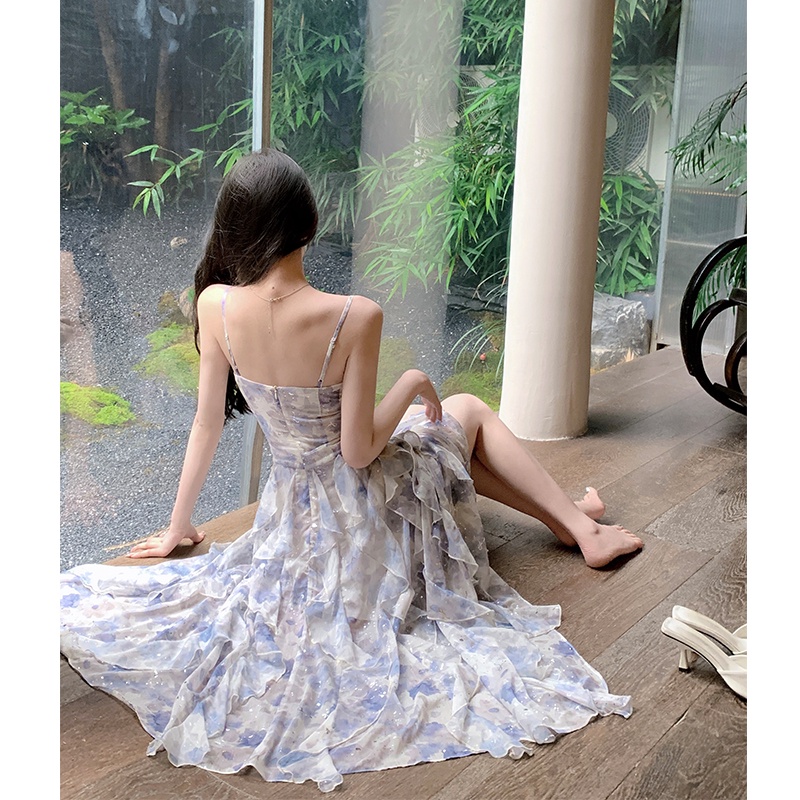 Đầm Voan Hoa Hai Dây Cổ Chữ V Thời Trang Mùa Hè Dành Cho Nữ