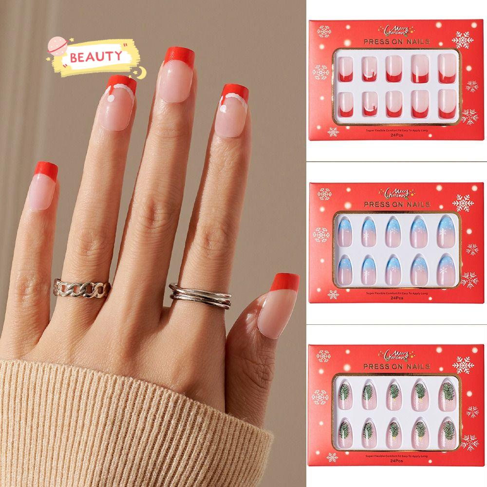 Bộ 24 Móng Tay Giả Ngắn Màu Đỏ Đính Đá Almond Ballerina Santa Claus