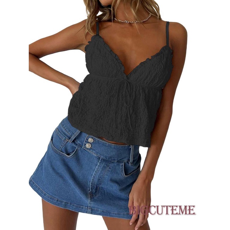 Áo Croptop Sát Nách Cổ Chữ V Nhún Bèo Màu Sắc Đơn Giản Thời Trang Cho Nữ