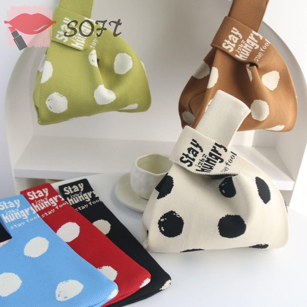 SOFTNESS Túi Xách Đan Len Thủ Công Họa Tiết Chấm Bi Xinh Xắn Cho Nữ