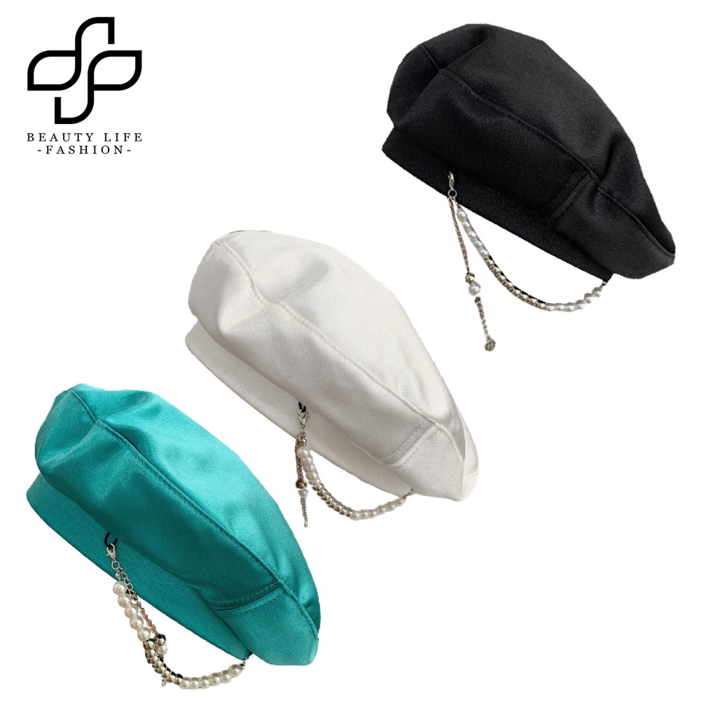 Nón Beret Không Vành Đính Ngọc Trai Giả Màu Trơn Thời Trang Cho Nữ
