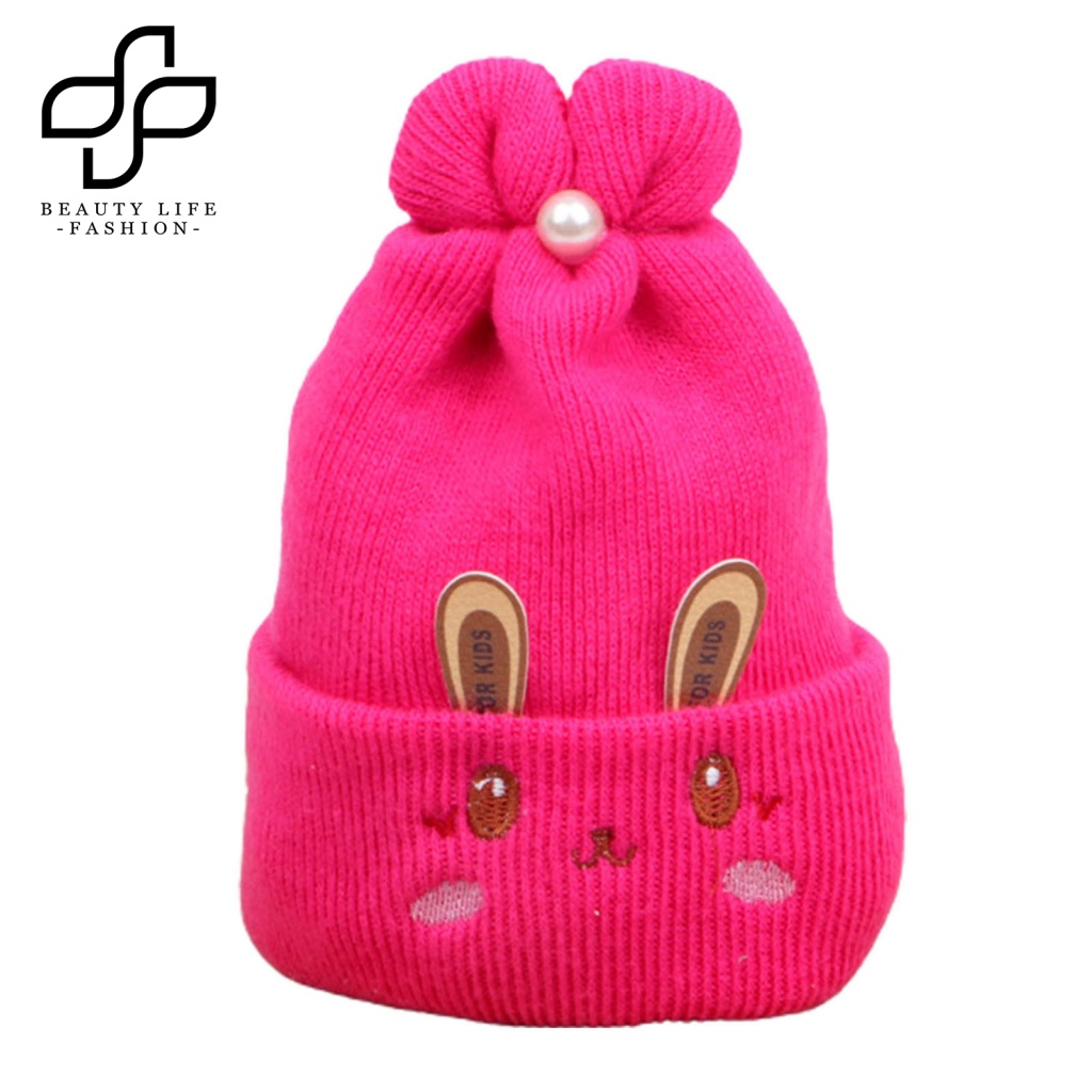 Mũ Beanie Dệt Kim Dày Dặn Đính Ngọc Trai Giả Thêu Hình Tai Thỏ Dễ Thương Thời Trang Thu Đông Cho Bé 0-6 Tháng Tuổi