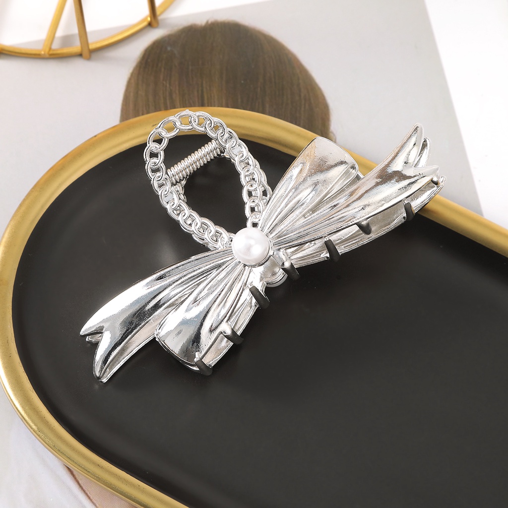 Kẹp Tóc Hình Nơ Đính Ngọc Trai Bằng Kim Loại Phong Cách Hàn Quốc Ngọt Ngào Cho Nữ