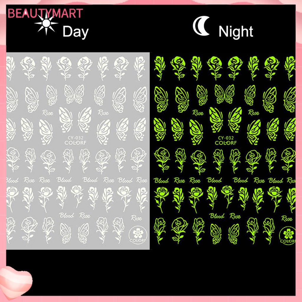 [beautymart] Miếng Dán Móng Tay Hiệu Ứng Dạ Quang Phát Sáng Trong Bóng Tối Hình Bướm Và Ngọn Lửa