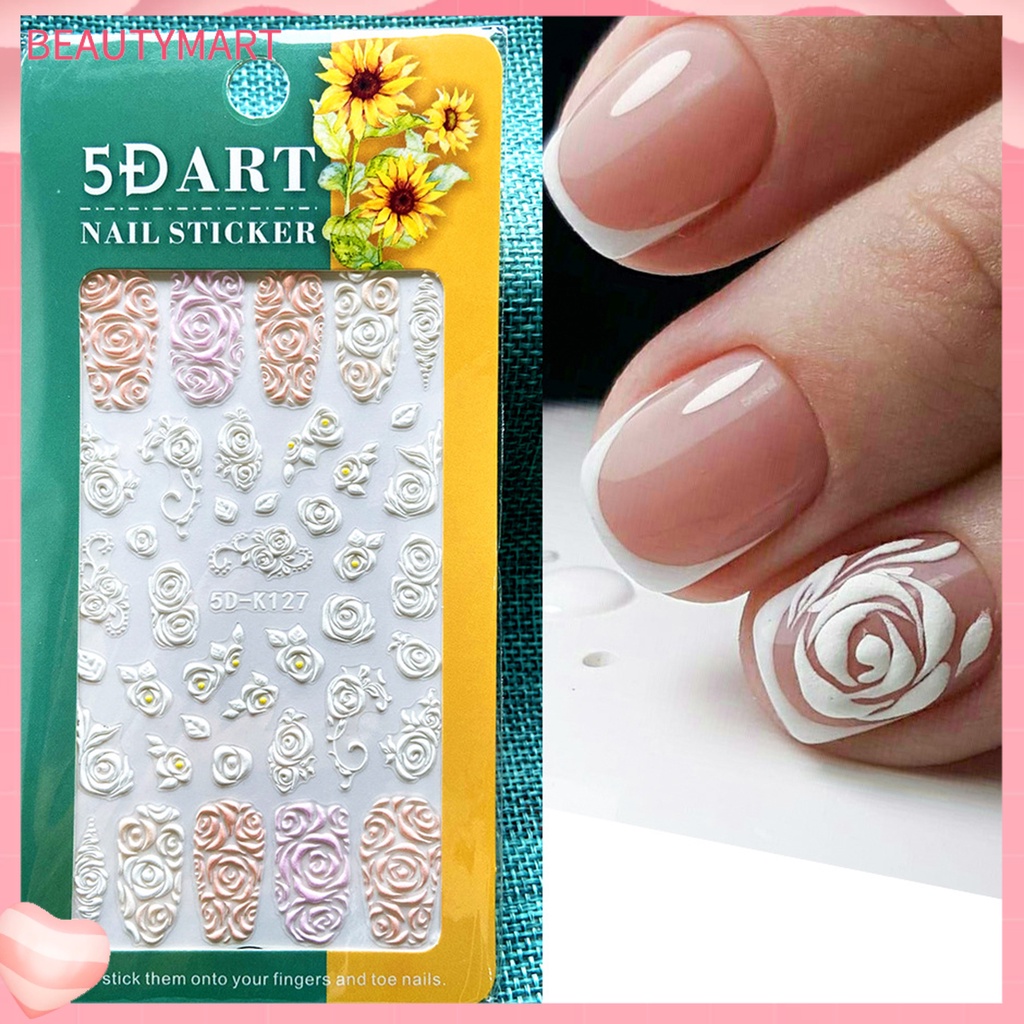 Miếng Dán Móng Tay Hiệu Ứng 5D Không Phai Siêu Mỏng Họa Tiết Hoa Dập Nổi Màu Trắng Dùng Trang Trí Móng Tay