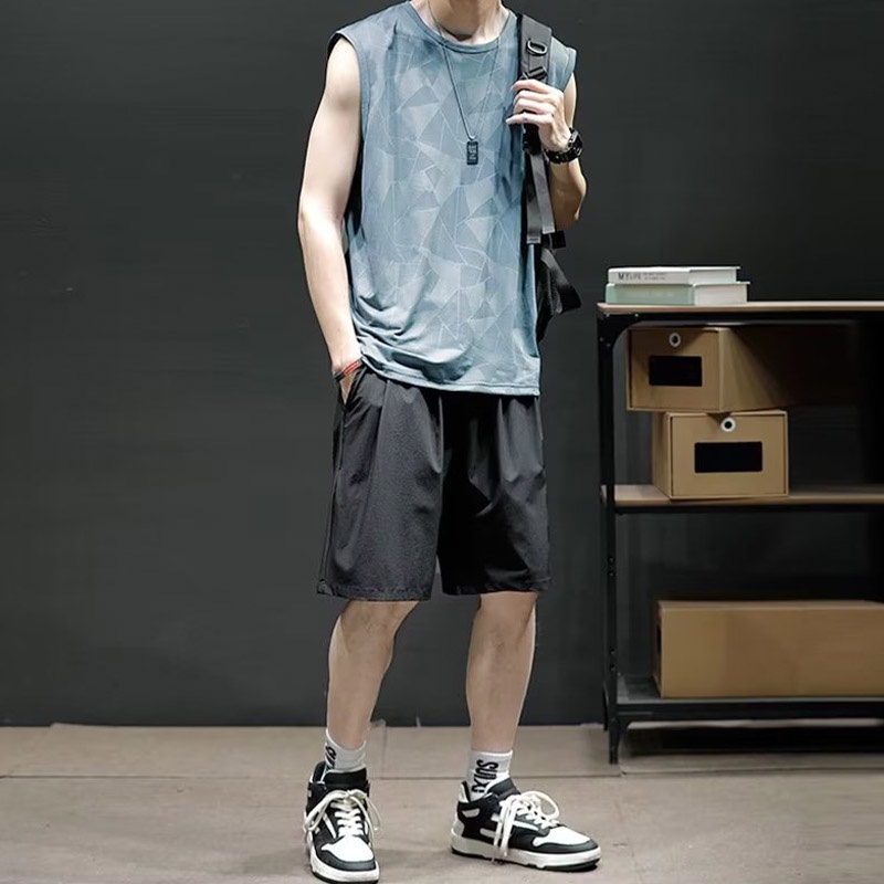 HANLU Bộ Áo Sát Nách + Quần Đùi Phong Cách Harajuku Nhật Bản Cá Tính Cho Nam