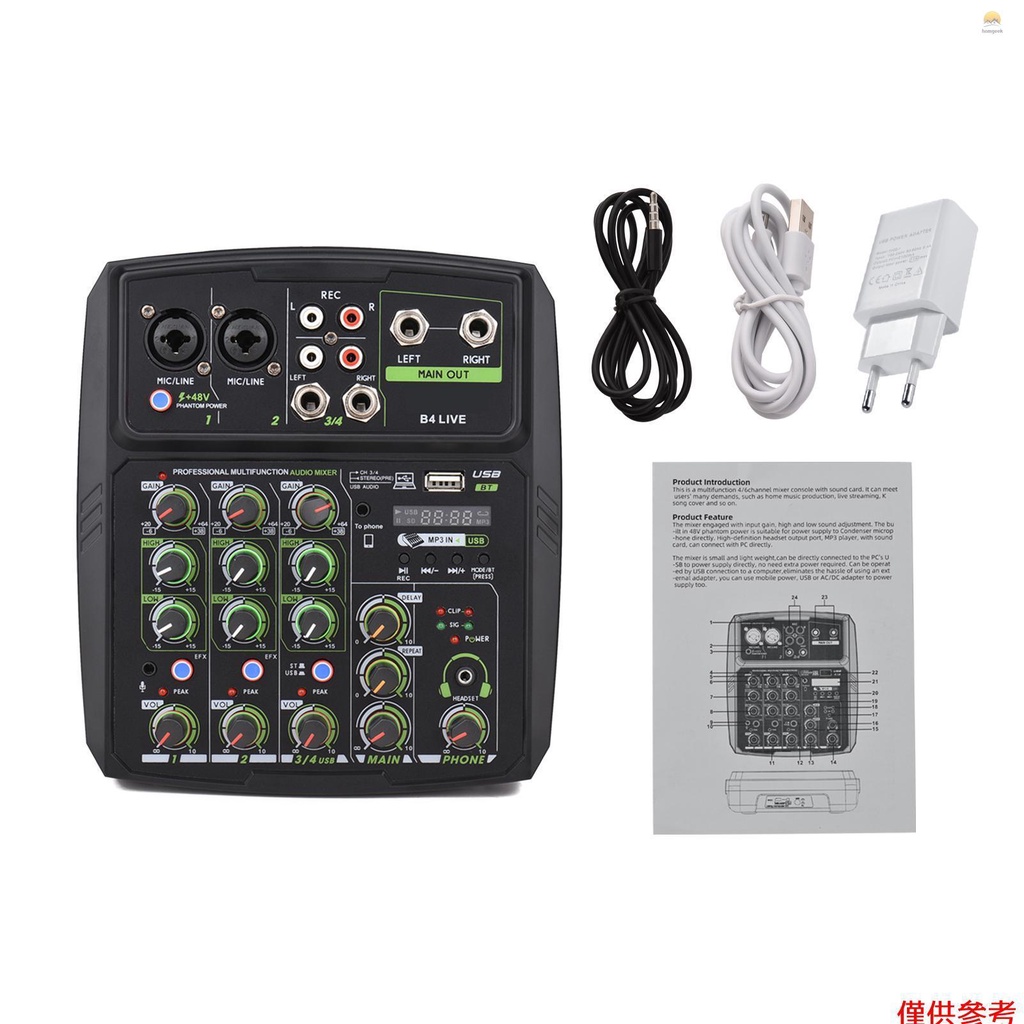 Bảng Điều Khiển Âm Thanh 4 Kênh Tích Hợp Đèn LED Kết Nối USB BT 2 Băng Tần EQ