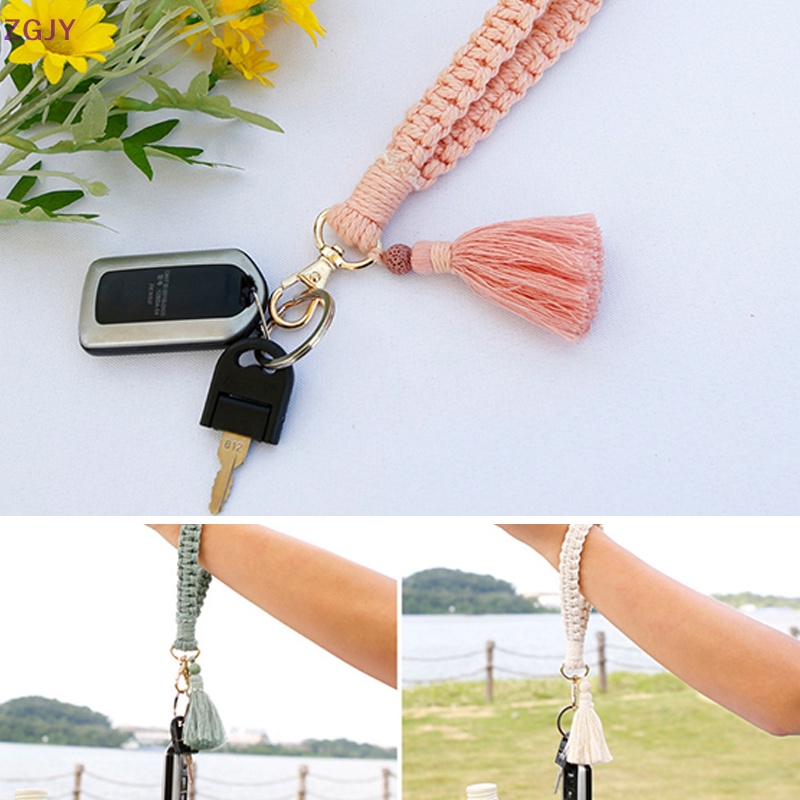 Móc Khóa Macrame Dây Cotton Bện Đính Đá Nham Thạch Phong Cách Boho Sáng Tạo Dành Cho Nữ Mới