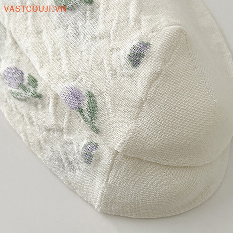 1 Đôi Tất Cotton Trắng In Hình Hoa Tulip Phong Cách Harajuku Nhật Bản Đáng Yêu Cho Nữ