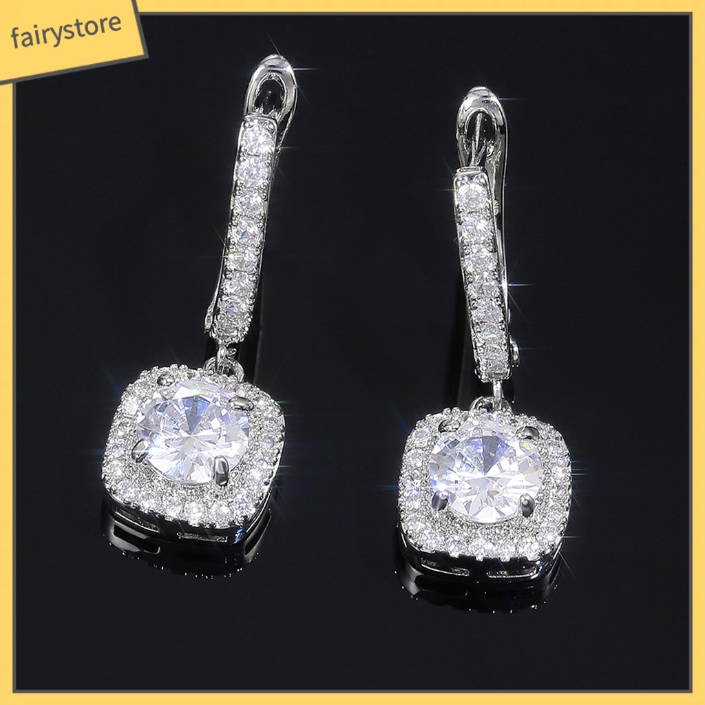 1 Đôi Bông Tai Hình Vuông Đính Đá Zircon Lấp Lánh Phong Cách Hàn Quốc