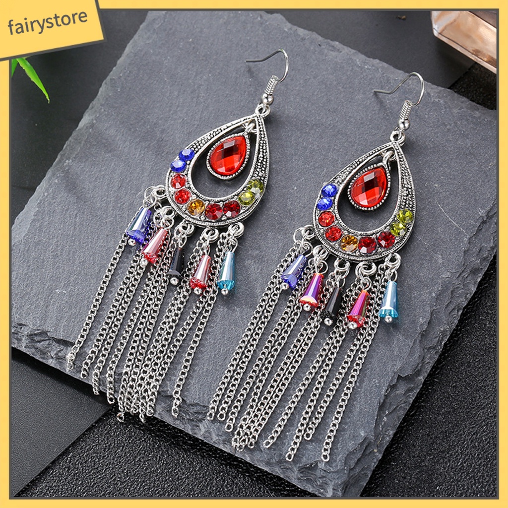 1 Đôi Bông Tai Hình Giọt Nước Đính Đá Phối Tua Rua Phong Cách Vintage