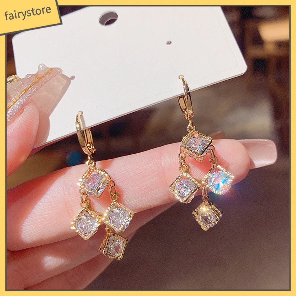 1 Đôi Bông Tai Hình Vuông Đính Đá Lấp Lánh Dành Cho Nữ