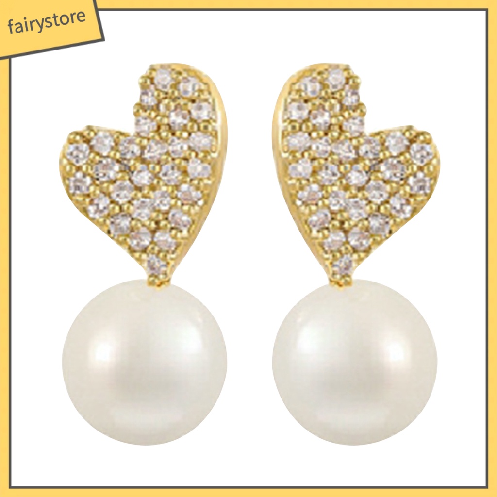 1 Đôi Bông Tai Hình Trái Tim Đính Ngọc Trai Giả Phong Cách Pháp Cổ Điển