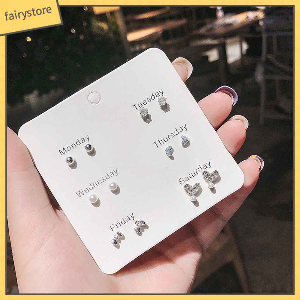 Set 6 / 7 Cặp Bông Tai Trái Tim Đính Đá / Ngọc Trai Giả Thời Trang