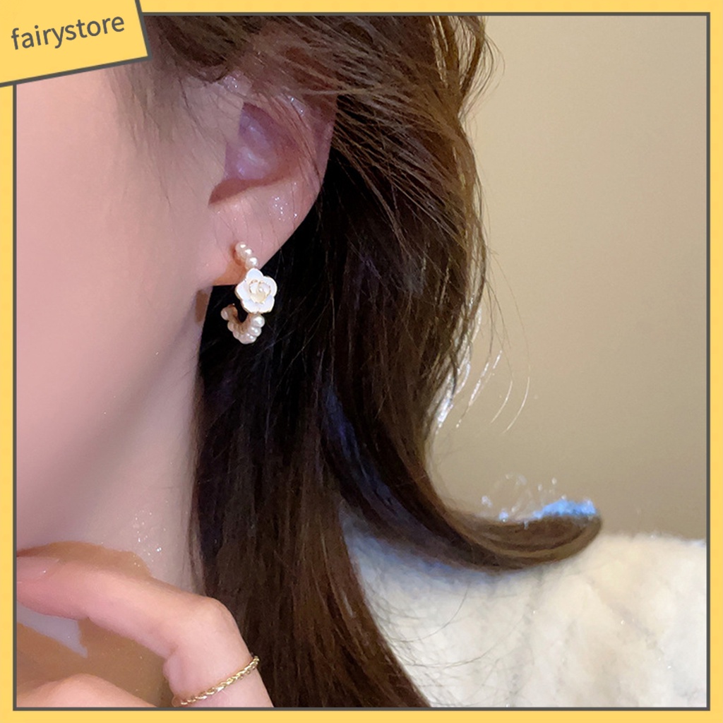 [FRO] 1 Đôi Bông Tai Tròn Đính Hoa Trà Phong Cách Pháp Thanh Lịch Không Phai Màu Trang Trí Ngọc Trai Giả