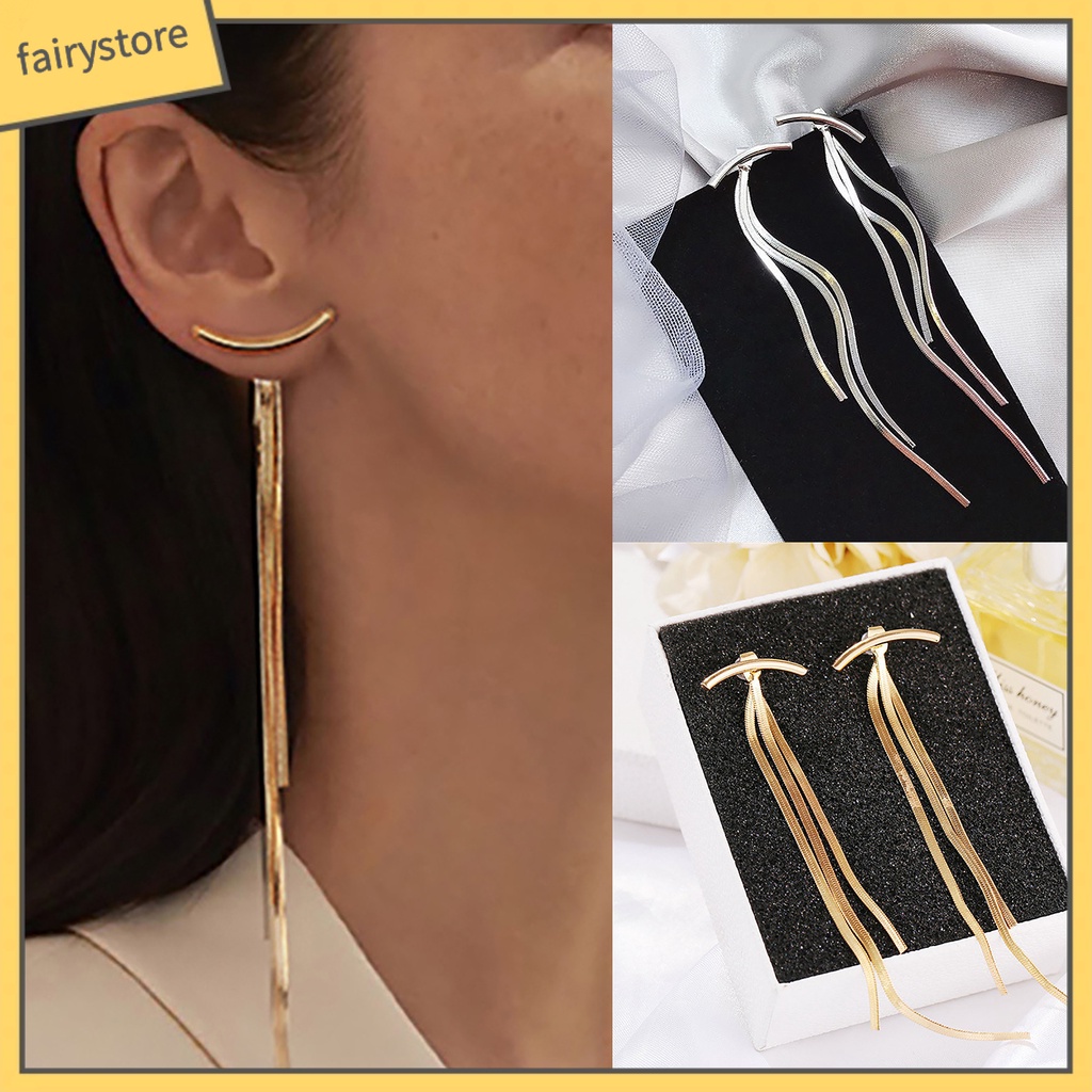 1 Đôi Bông Tai Dài Bằng Kim Loại Bóng Thời Trang