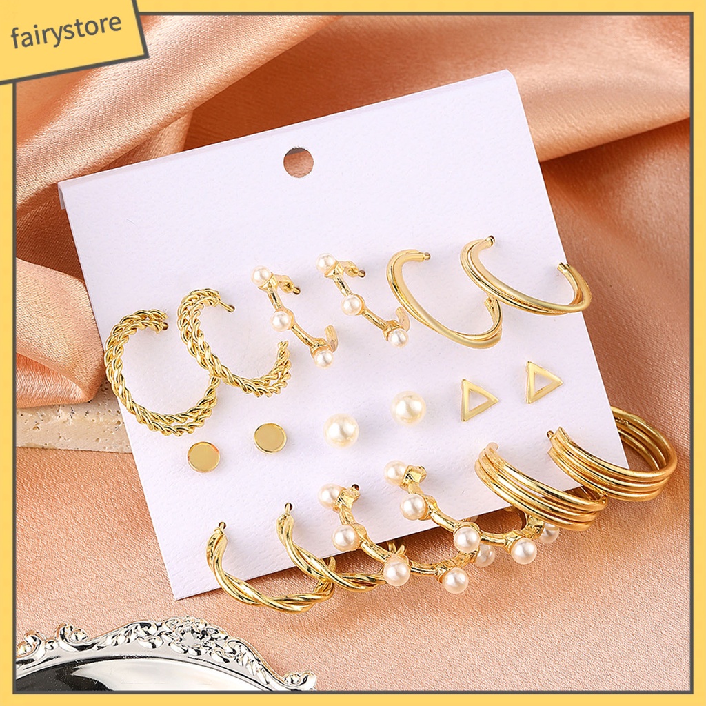 Set 9 Đôi Bông Tai Hợp Kim Dạng Vòng Đính Ngọc Trai Giả Thanh Lịch Cho Nữ