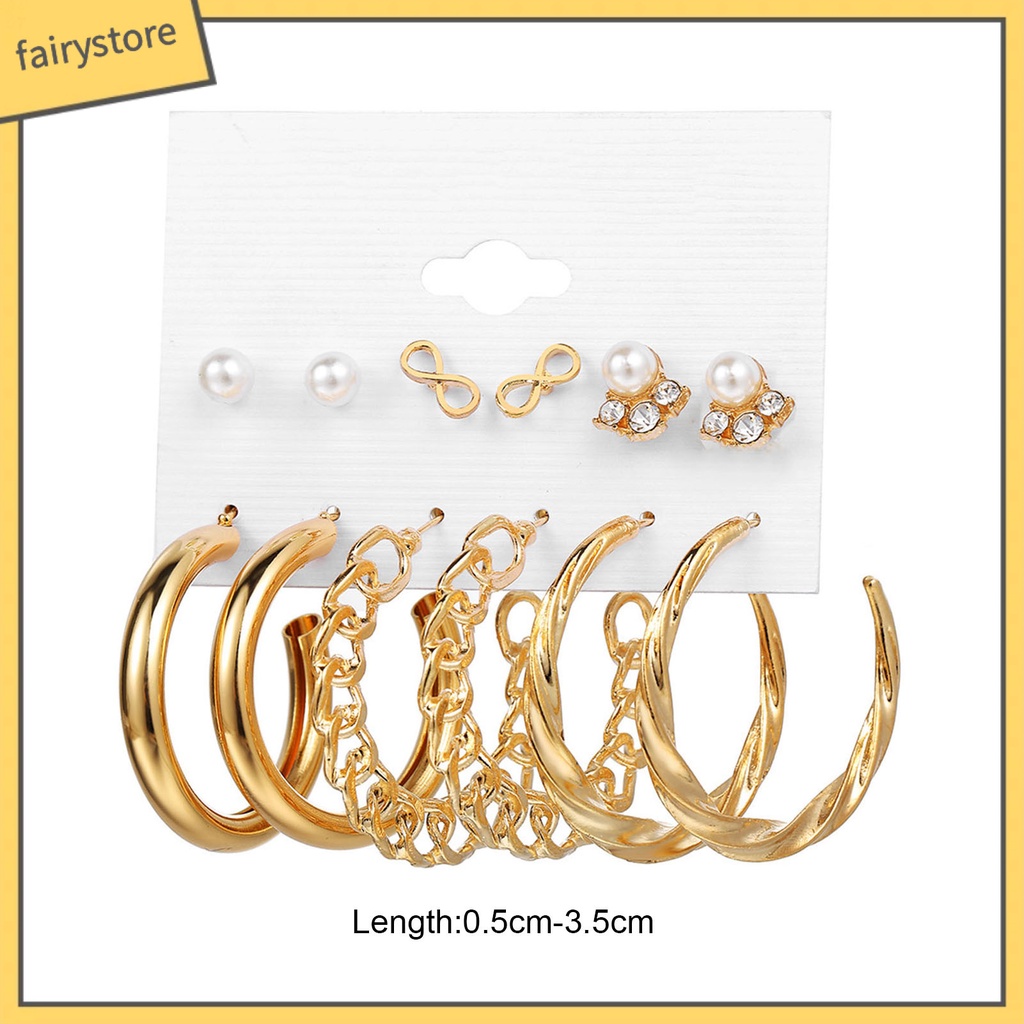 Set 6 Đôi Bông Tai Khoen Tròn Đính Ngọc Trai Giả Sang Trọng Cho Nữ