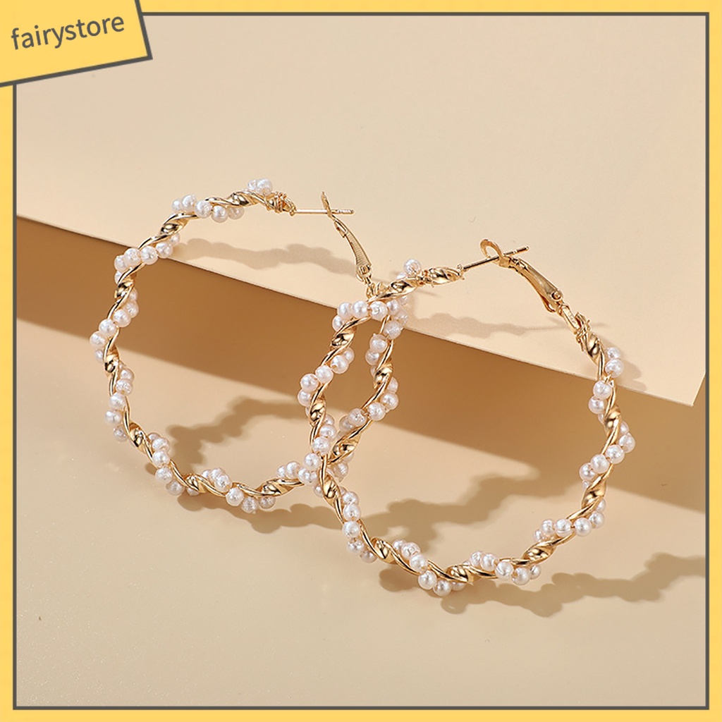 Khuyên Tai Dạng Vòng Tròn Lớn Đính Ngọc Trai Nhân Tạo Thời Trang