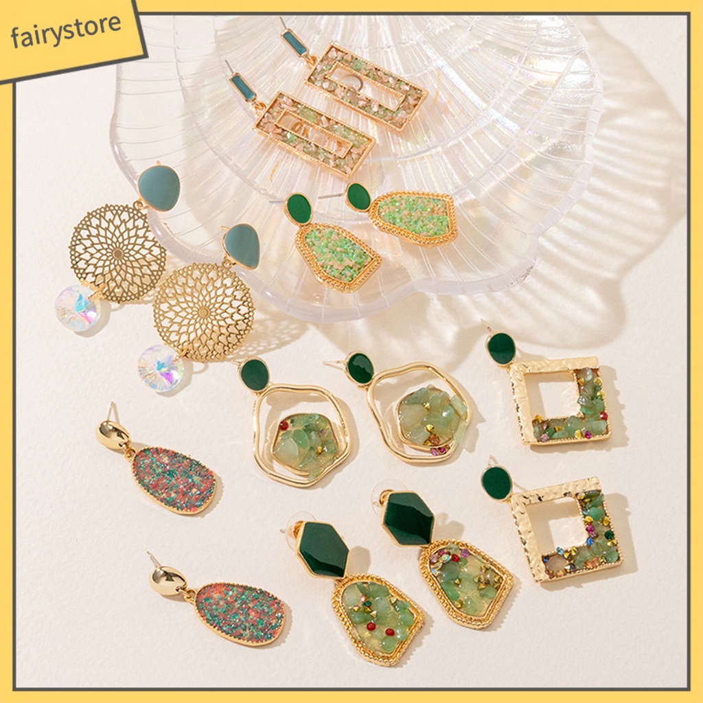 [FRO] 1 Đôi Bông Tai Lủng Lẳng Đá Giả Kim Cương Hình Học Phong Cách Ins Thích Hợp Làm Quà