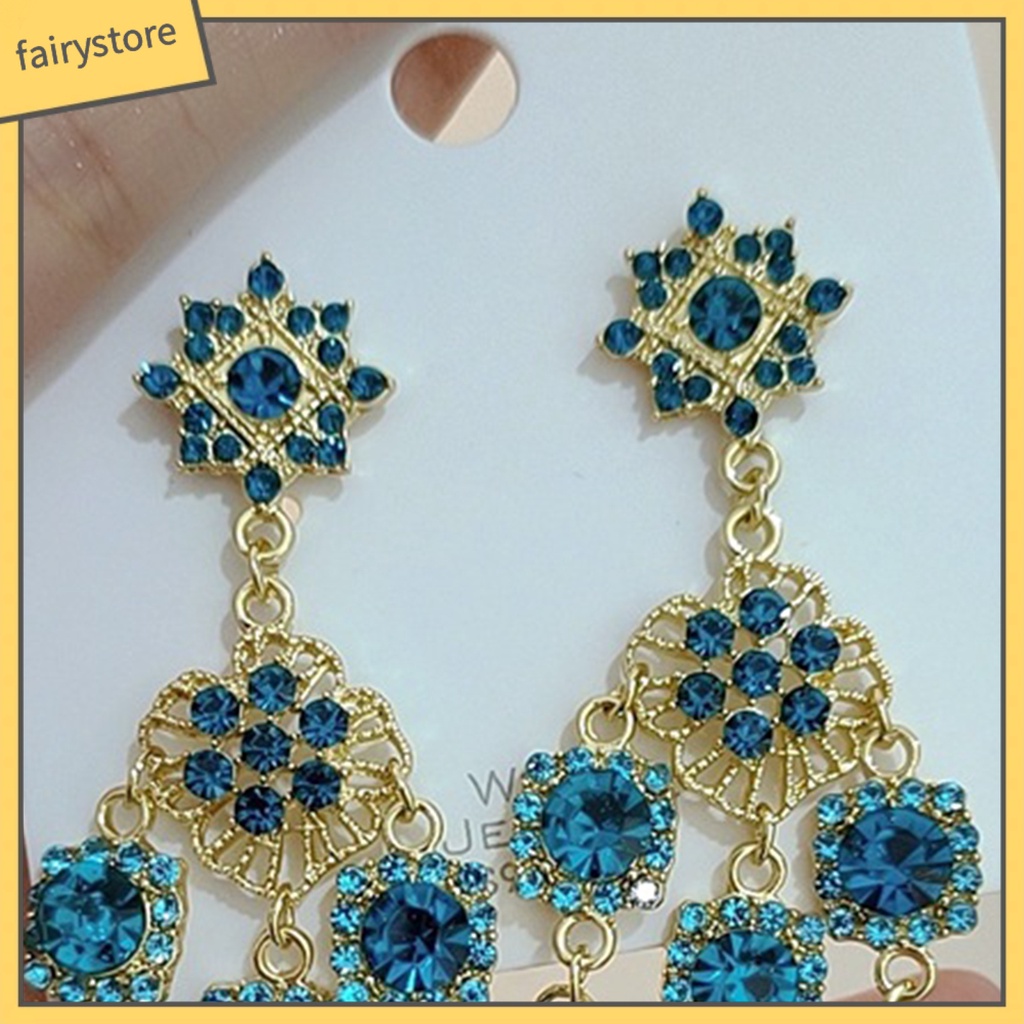 1 Đôi Bông Tai Dáng Dài Đính Pha Lê Xanh Dương Phong Cách Vintage