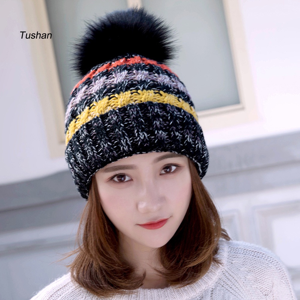 Mũ Len Beanie Đính Quả Bông Nhiều Màu Thời Trang Thu Đông Cho Nữ
