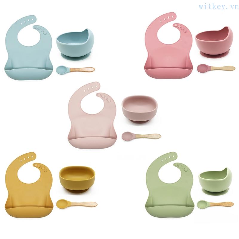 Bộ 3 Món Gồm Yếm Ăn + Đĩa + Muỗng Chống Nước Bằng Silicone Cấp Thực Phẩm Điều Chỉnh Được Cho Bé Sơ Sinh