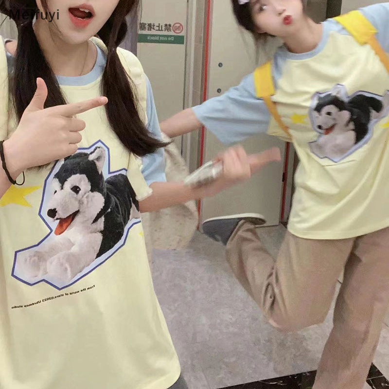 Áo Thun Tay Ngắn Cổ Tròn Dáng Rộng In Hình Chú Chó Hoạt Hình Dành Cho Nữ