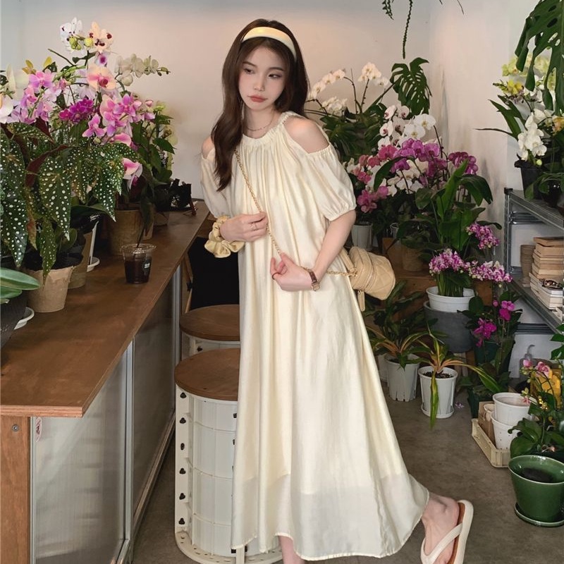 COZOK Đầm Midi Tay Ngắn Hở Vai Dáng Rộng Thời Trang Quyến Rũ Cho Nữ