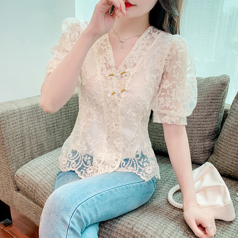 Áo Sơ Mi Ngắn Tay Phối Ren Phong Cách Trung Hoa Thời Trang Mùa Hè Mới 2023