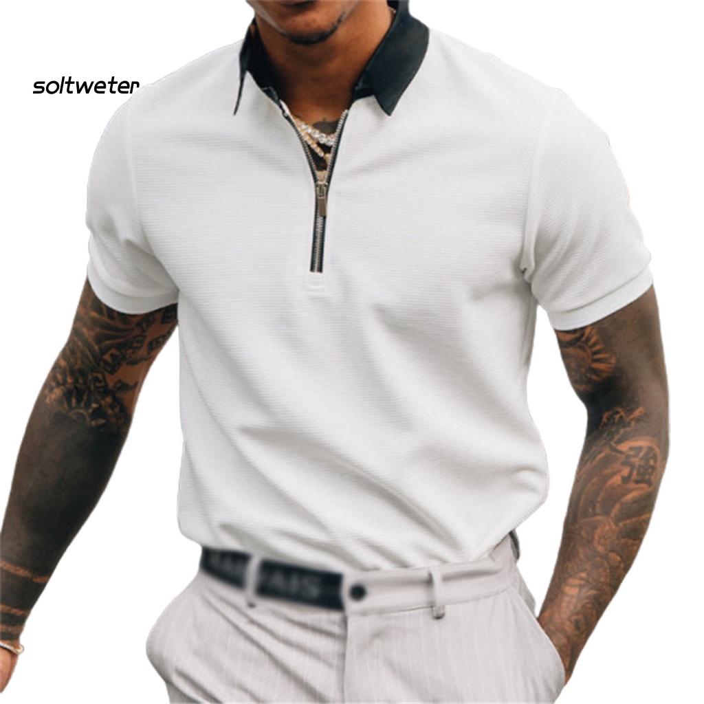 Áo Sơ Mi Tay Ngắn Cổ Bẻ Có Khóa Kéo Màu Sắc Tương Phản Thời Trang Mùa Hè Cho Nam