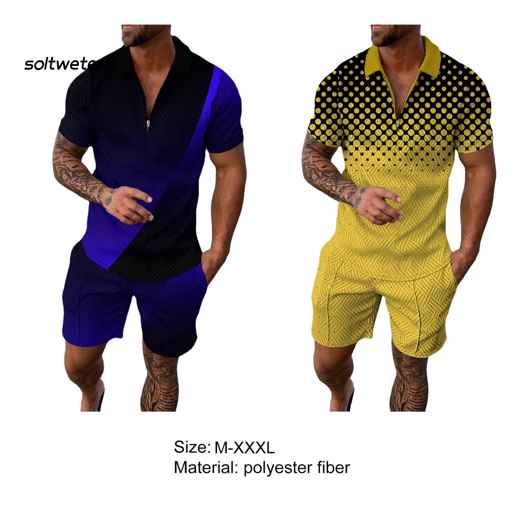 1 Bộ Đồ Thể Thao Đi Biển Mùa Hè Gồm Áo Cổ Bẻ In Họa Tiết Kỹ Thuật Số + Quần Short Có Túi Cho Nam