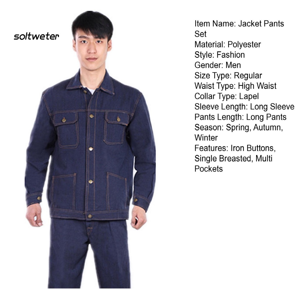 Bộ 2 Món Áo Khoác Denim Tay Dài Cổ Bẻ Cài Một Hàng Nút Sắt + Quần Dài Tới Mắt Cá Chân Có Nhiều Túi Cho Nam