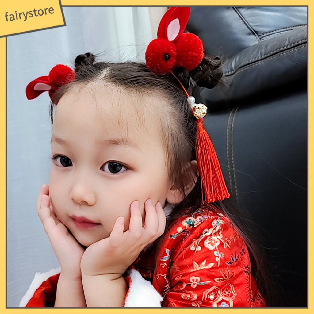 1 Cặp Kẹp Tóc Đính Tua Rua Thiết Kế Hình Thỏ Màu Sắc Dễ Thương Phong Cách Trung Hoa Cho Bé Gái