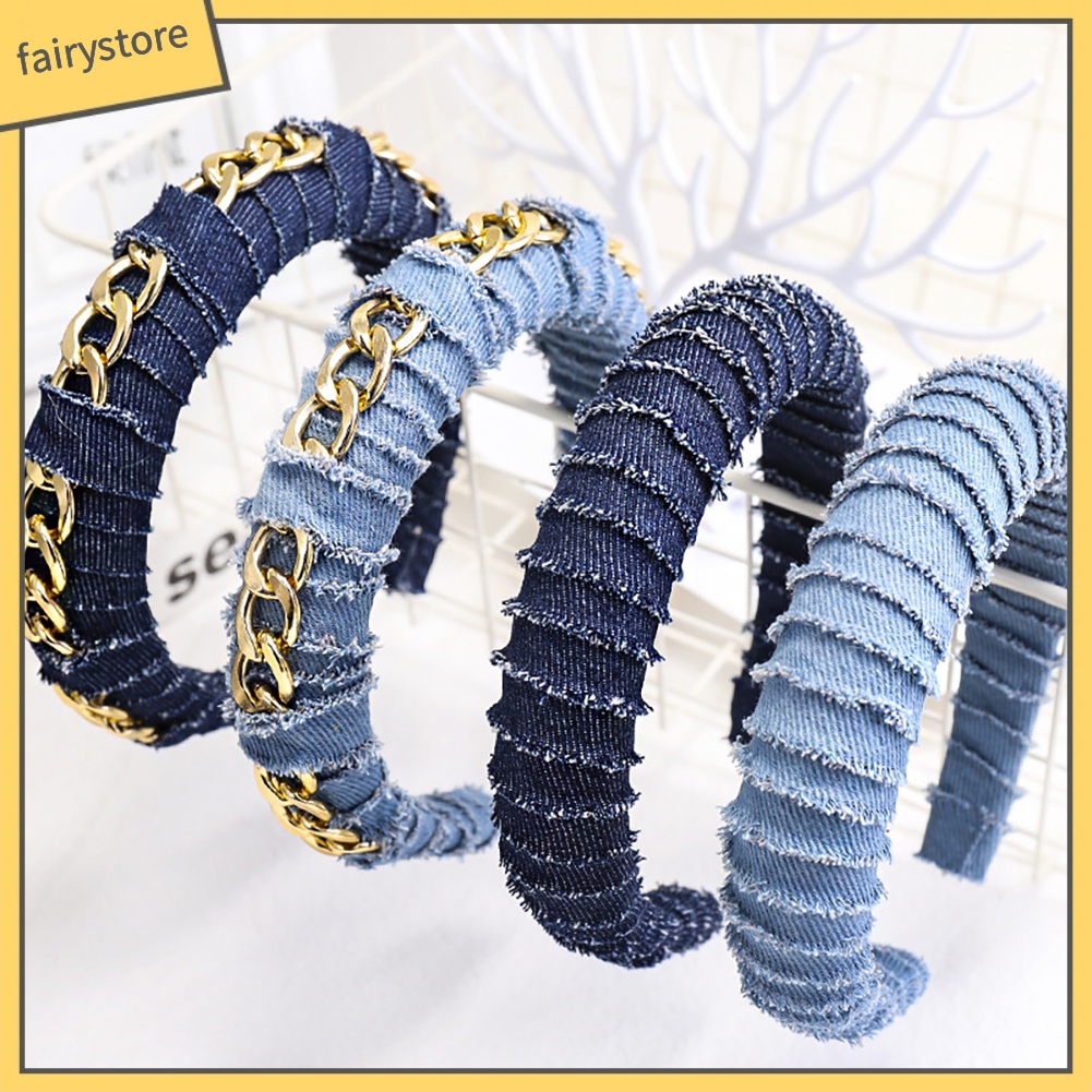 Cài Tóc Vải Jean Màu Trơn Đính Chuỗi Xích Phong Cách Vintage Dành Cho Nữ